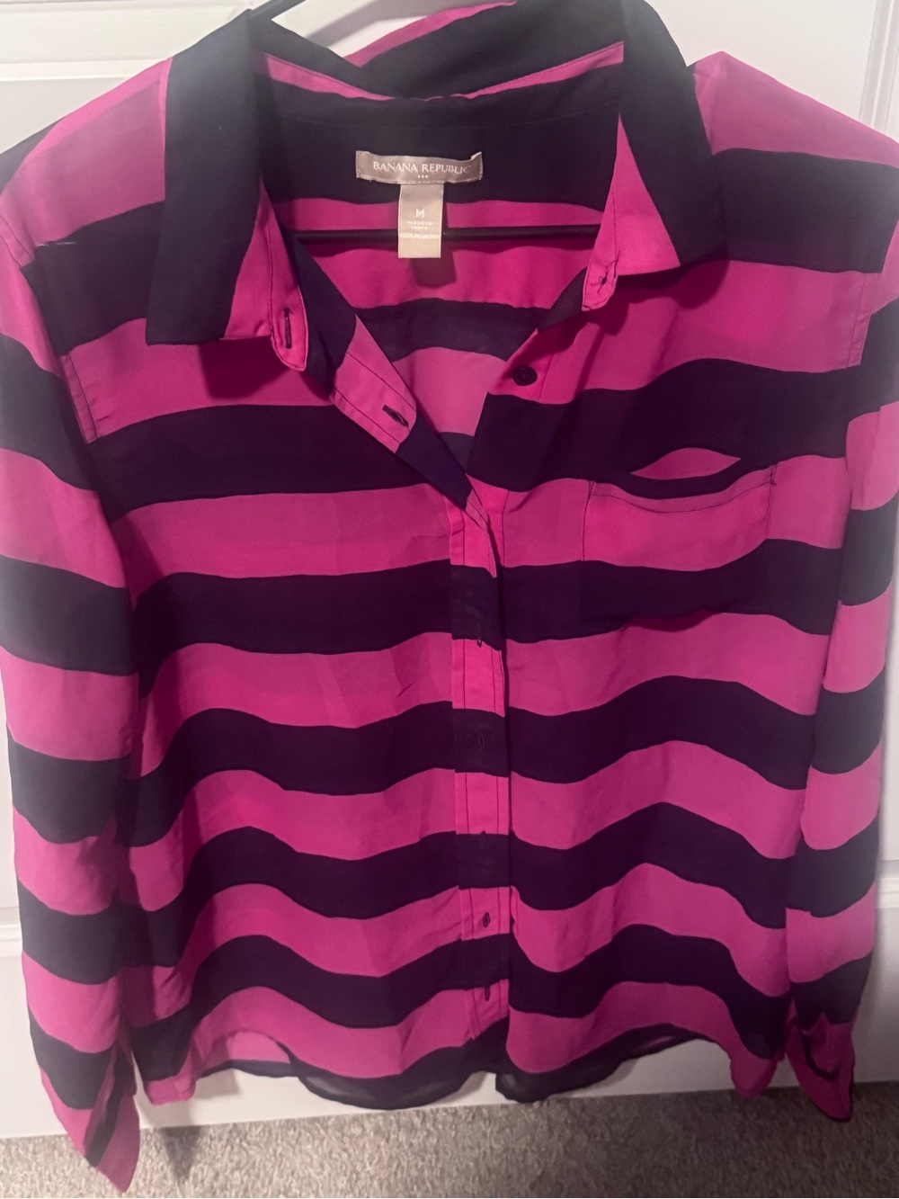 Banana Republic Black and Fuchsia Striped Button-Down Blouse